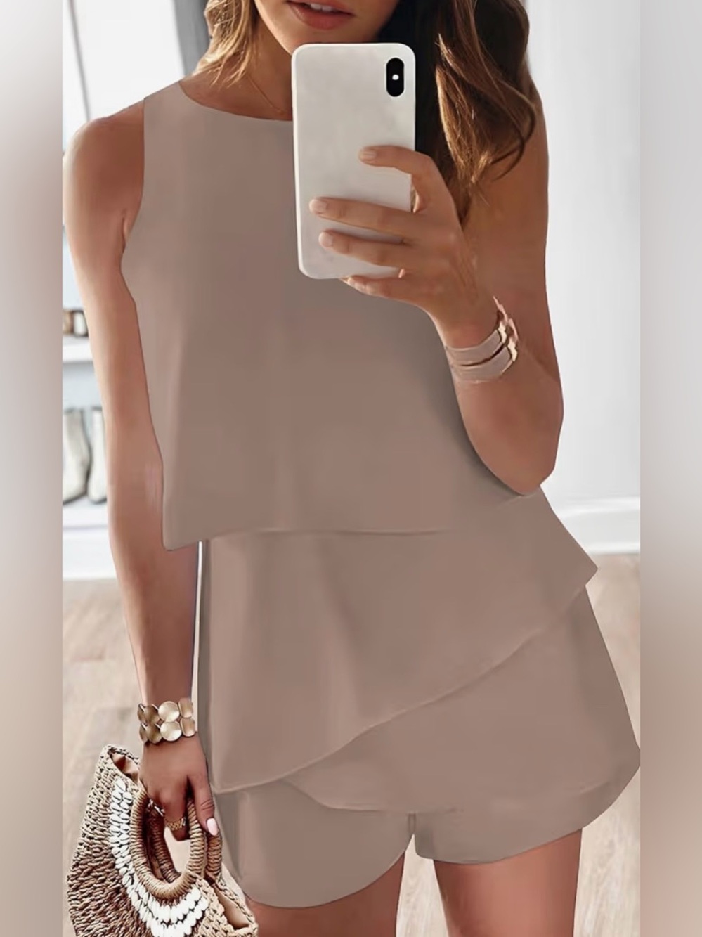 Sleeveless Asymmetrical Layered Dress in Taupe